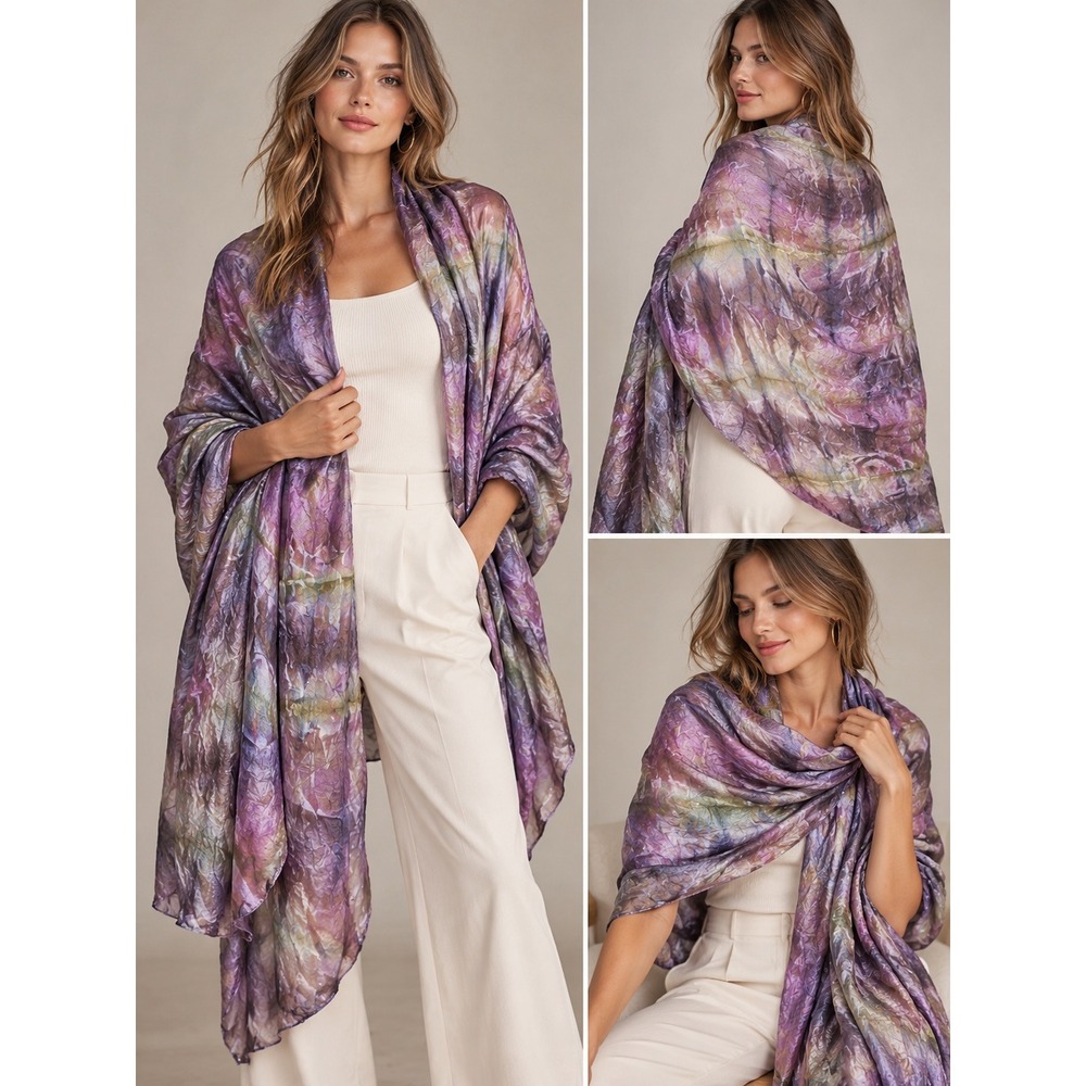 Purple Tie Dye 100% Silk Oversized Wrap Scarf Watercolor Crinkle Shawl 72 x 45